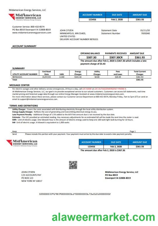 USA Iowa MidAmerican Energy Services utility bill template in Word and PDF format